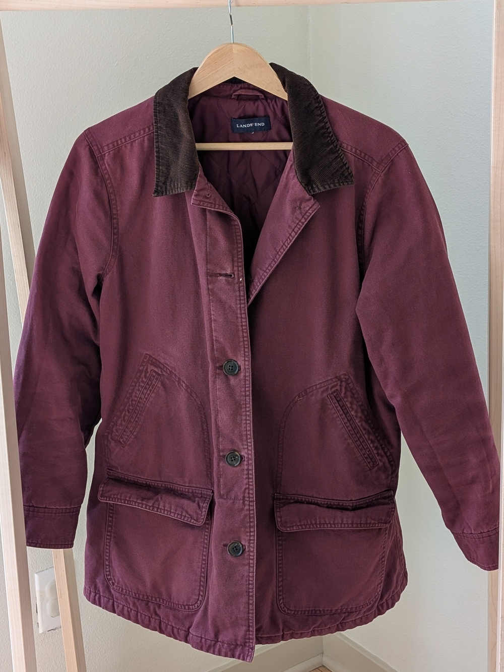 Vintage Lands' End Chore Denim Corduroy Collared Jacket In Burgundy